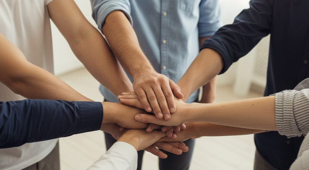 Several people stacking their hands together in a gesture of teamwork.