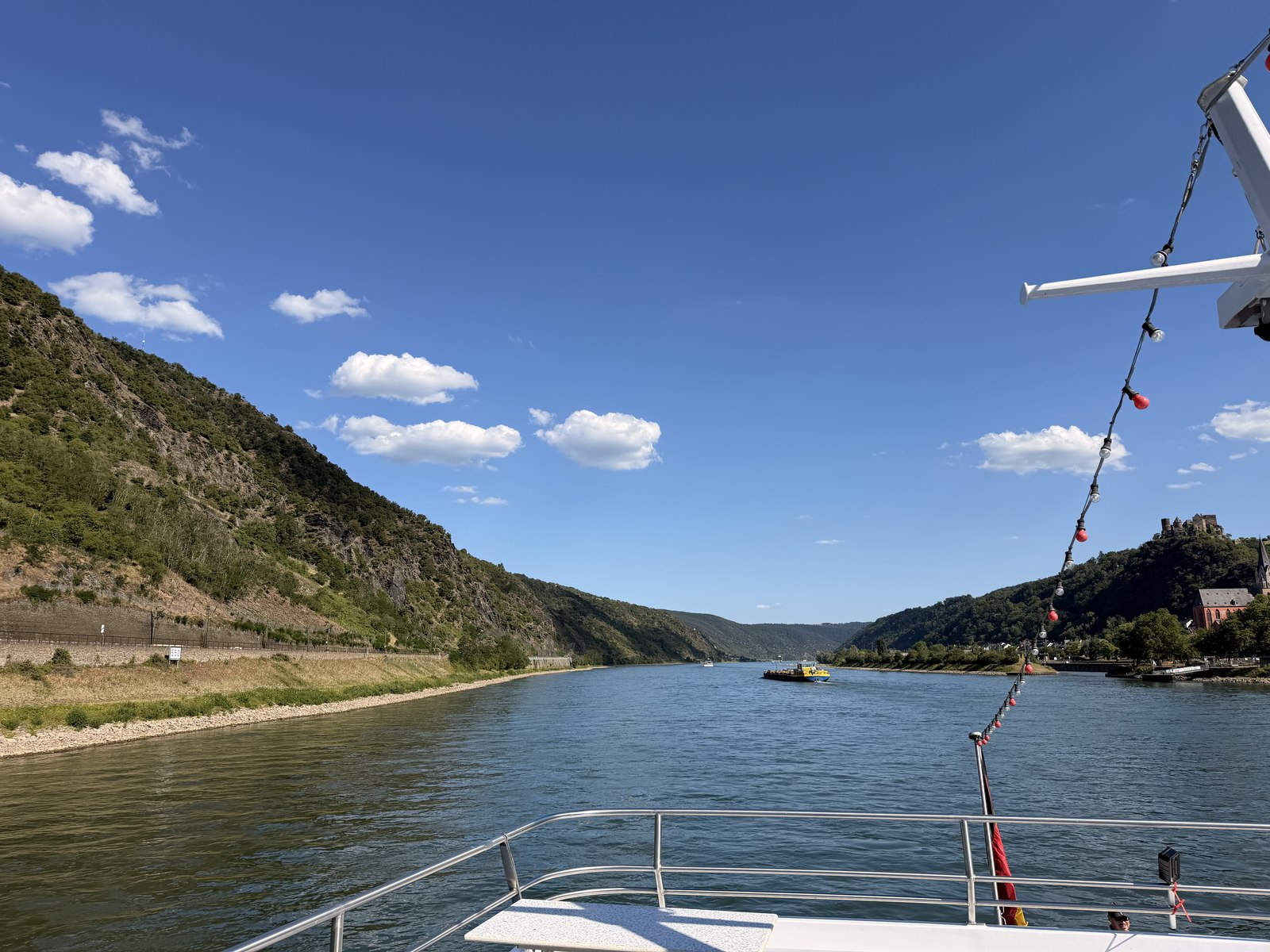 View from the deck of a river cruise boat on the Rhine with wooded slopes and blue sky.