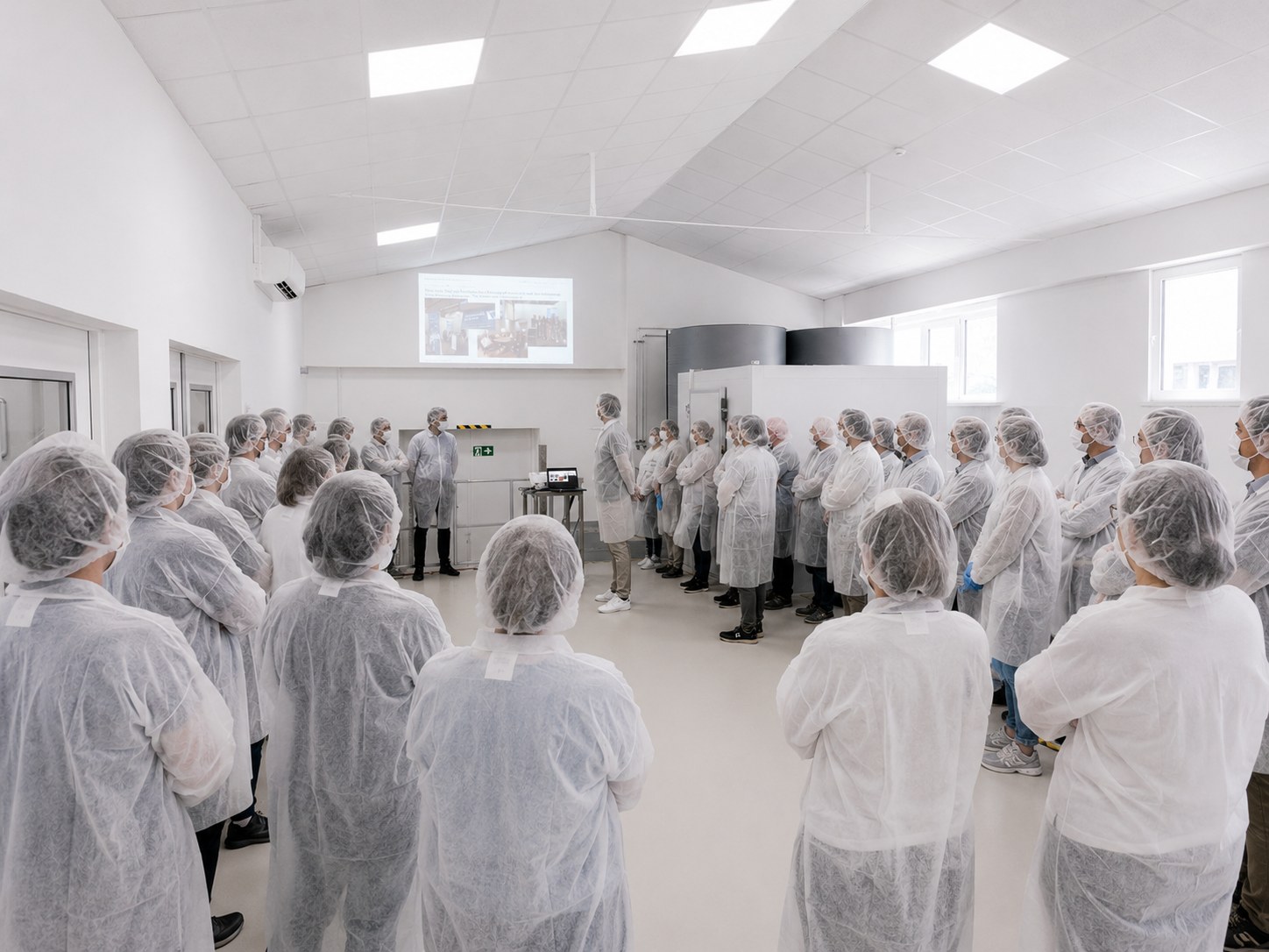 The Plantafood Medical team in protective clothing at a town hall meeting in the production facility.