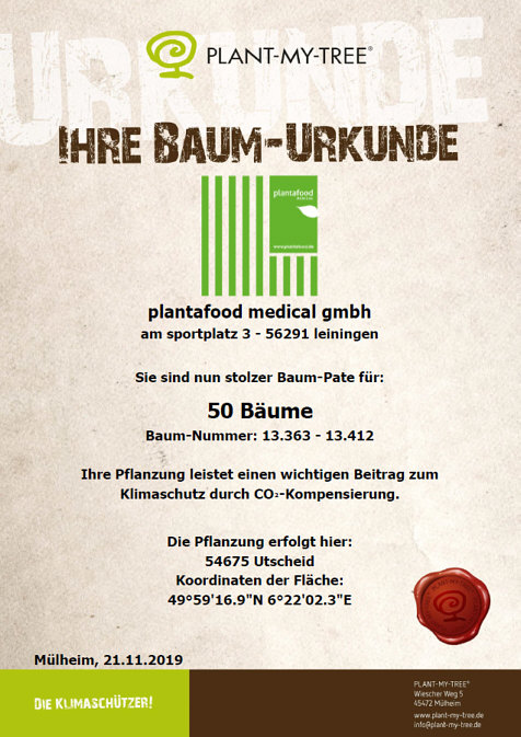 Tree certificate from PLANT-MY-Tree about the tree sponsorship of 50 trees from Plantafood Medical GmbH