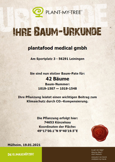 ÜbersetzungsergebnisseTree certificate 2021 from PLANT-MY-Tree about the tree sponsorship of 42 trees from Plantafood Medical GmbH
